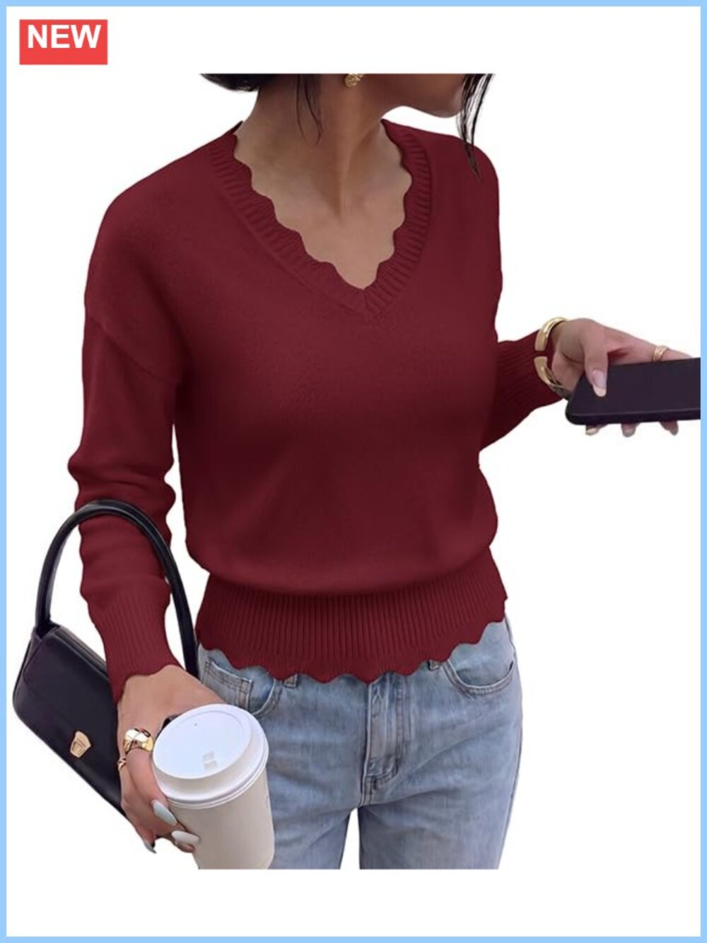 Lightweight Long Sleeve Scallop V-Neck Pullover Sweater
